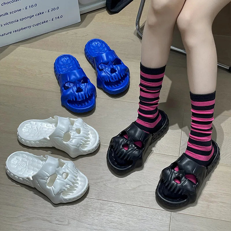 Halloween Skull Relief Design Men Slippers Couple Outdoor Fun Slides Thick Bottom of Beach Non-slip Casual Women Sandals